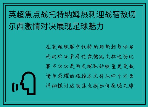 英超焦点战托特纳姆热刺迎战宿敌切尔西激情对决展现足球魅力